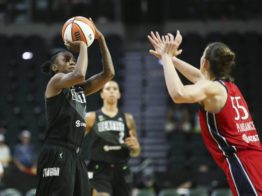 The Storm’s Jewell Loyd shoots during a game against the Mystics on Tuesday evening at Angel of the Winds Arena in Everett. Loyd passed the 3,000 point mark for her career in the game. (Andy Bronson / The Herald)
