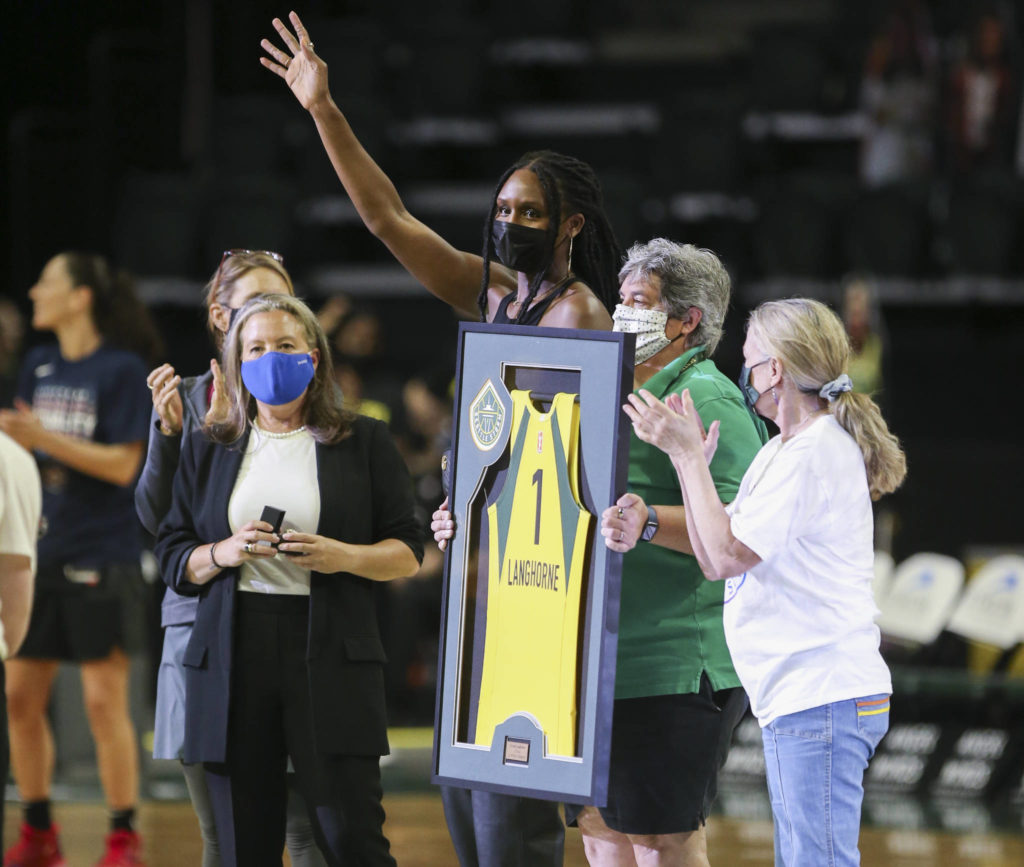 The Seattle Storm ownership honors the retirement of two-time WNBA champion and two-time WNBA All-Star Crystal Langhorne after a 13-year professional career. The Storm lost to the Mystics on Tuesday at the Angel of the Winds Arena in Everett, Washington. (Andy Bronson / The Herald)
