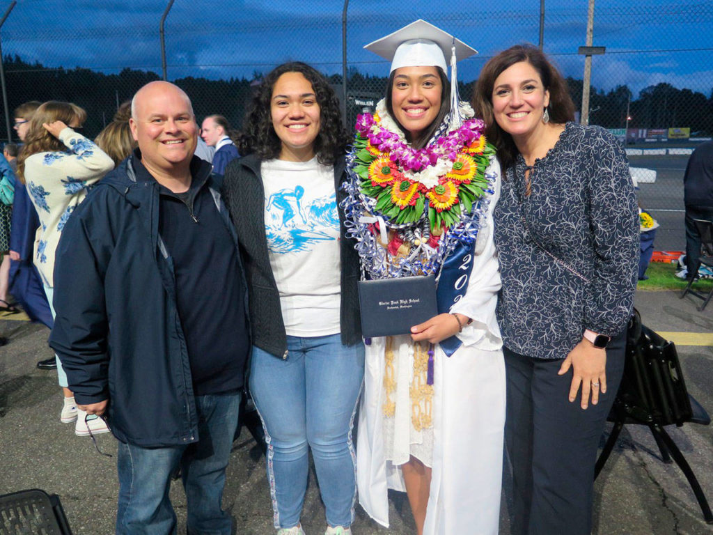 Glacier Peak High School class of 2021 graduate Naomi Fifita, seen here surrounded by her family at commencement at the Evergreen Speedway in Monroe, received one of 173 Snohomish Education Foundation&rsquo;s scholarships. (Snohomish Education Foundation)
