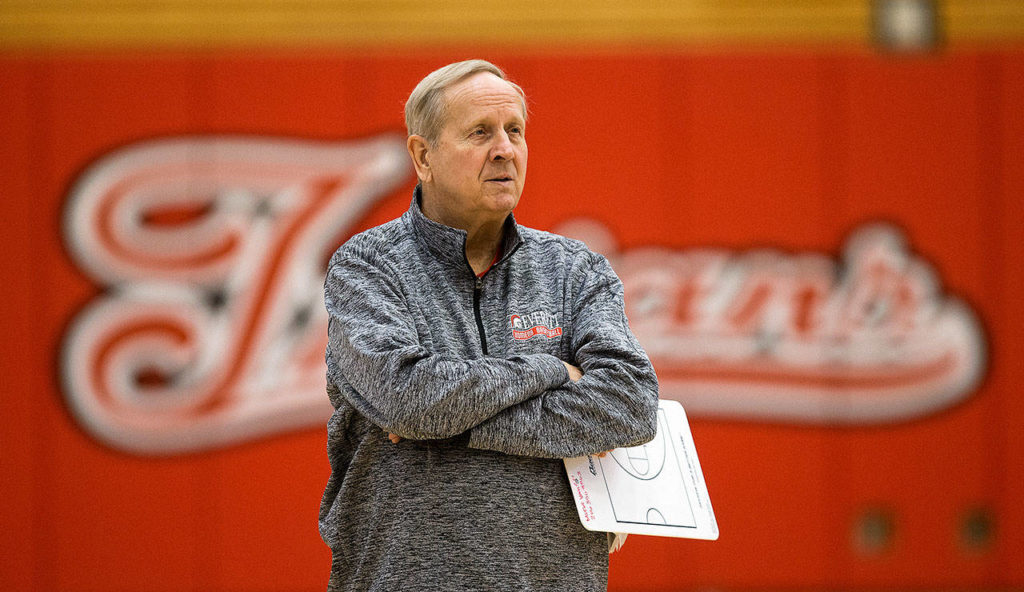 Everett Community College head coach Chet Hovde watches as the women’s basketball team practices in 2017 in Everett. (Andy Bronson / The Herald)

