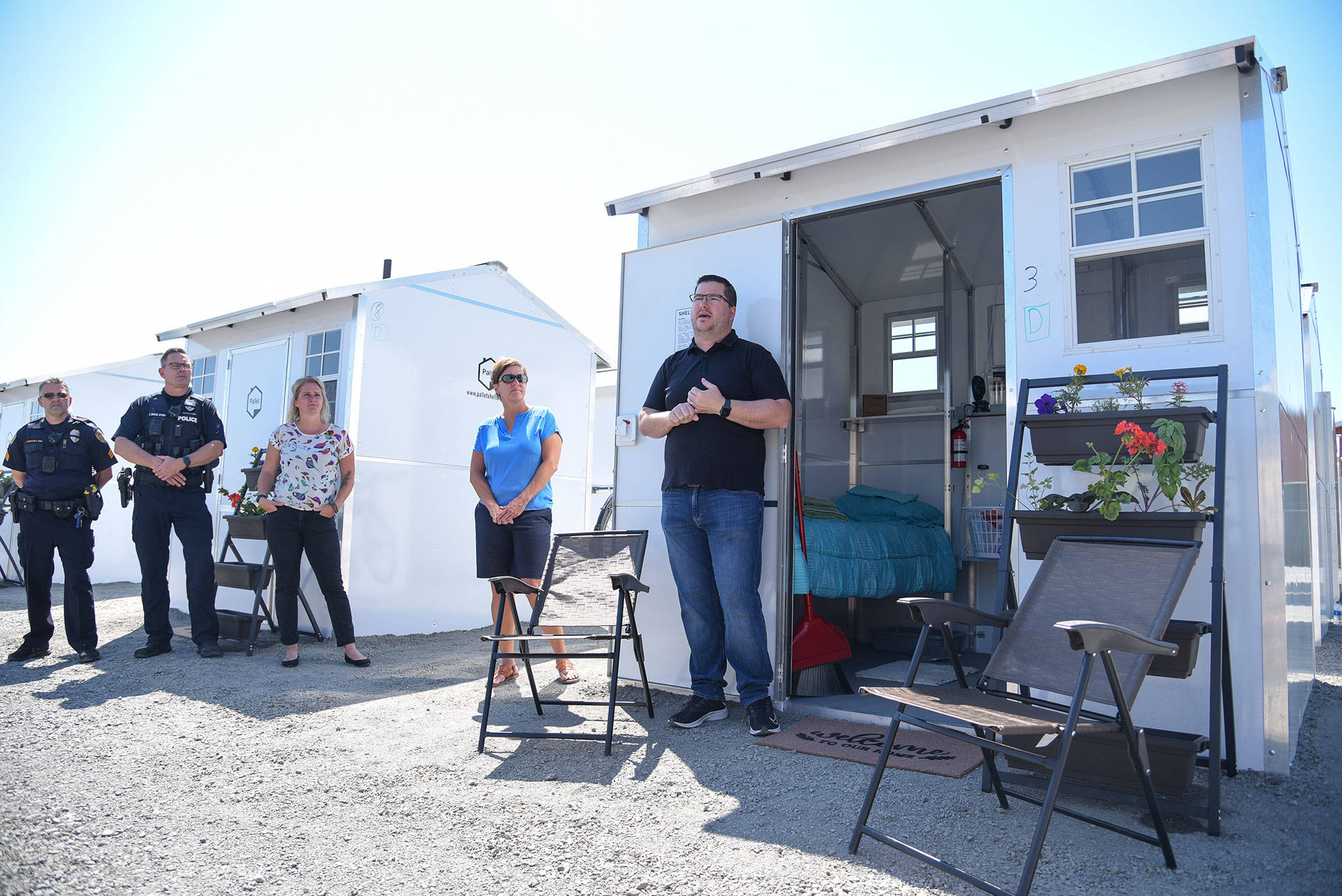 Patrick Diller, head of community partnerships for Pallet, discusses the Pallet Shelter Pilot Project on Tuesday in Everett. (Katie Hayes / The Herald)