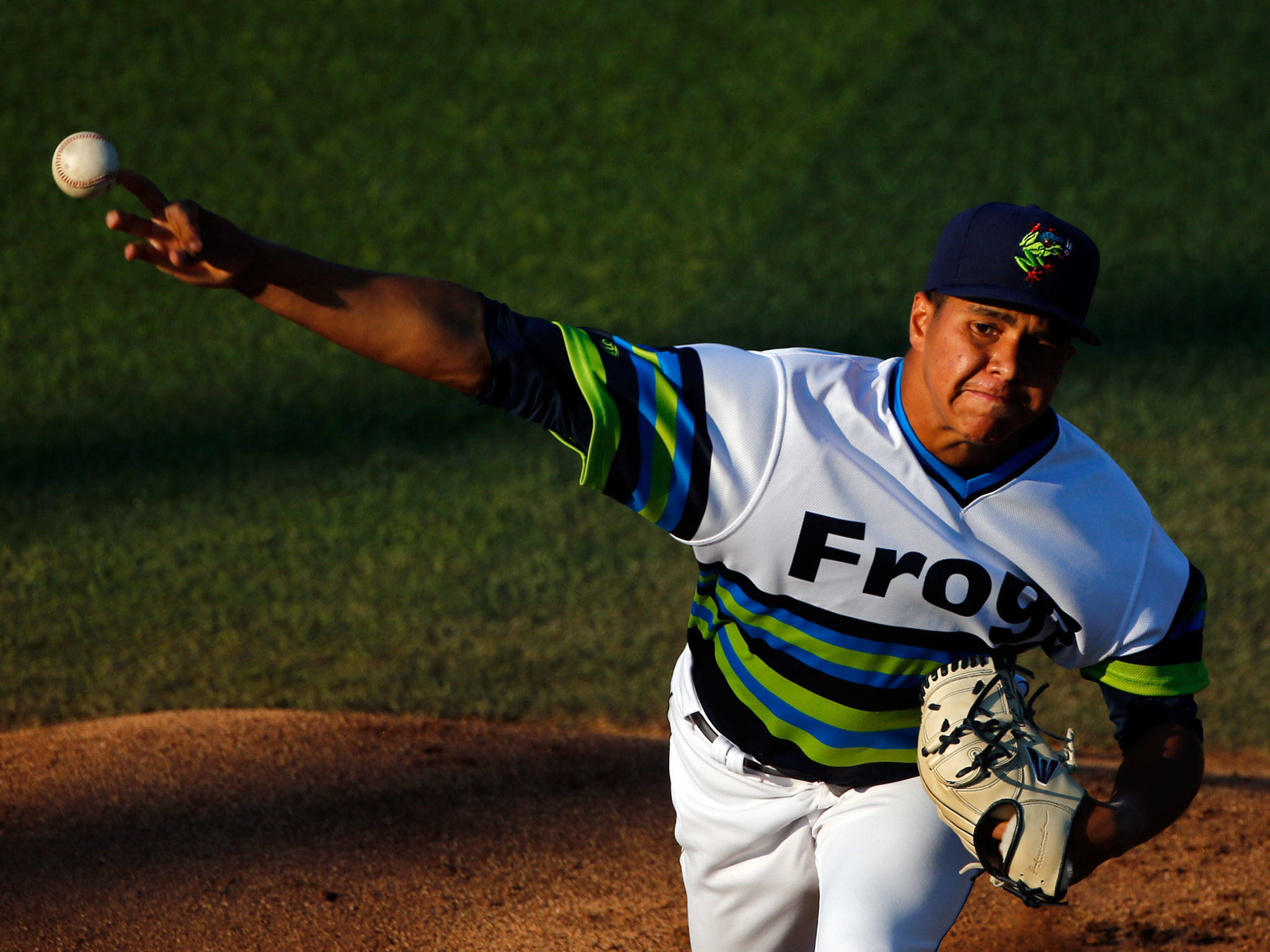 AquaSox starter Juan Then pitches in the first inning of a game against the Canadians on Tuesday evening at Funko Field in Everett. (Kevin Clark / The Herald)