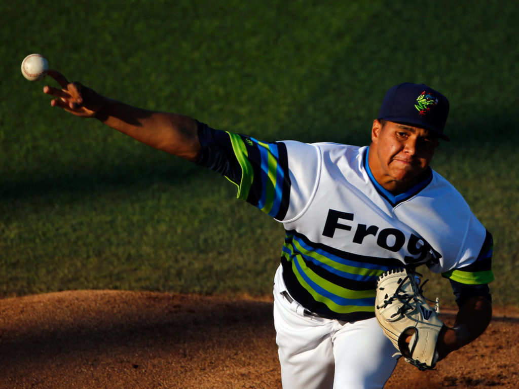 AquaSox starter Juan Then pitches in the first inning of a game against the Canadians on Tuesday evening at Funko Field in Everett. (Kevin Clark / The Herald)
