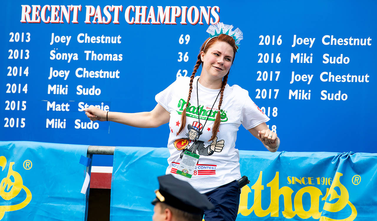 Katie Prettyman, 38, of Marysville, at a previous Nathan’s Famous Hot Dog Eating Contest in Coney Island, New York. (Submitted photo)