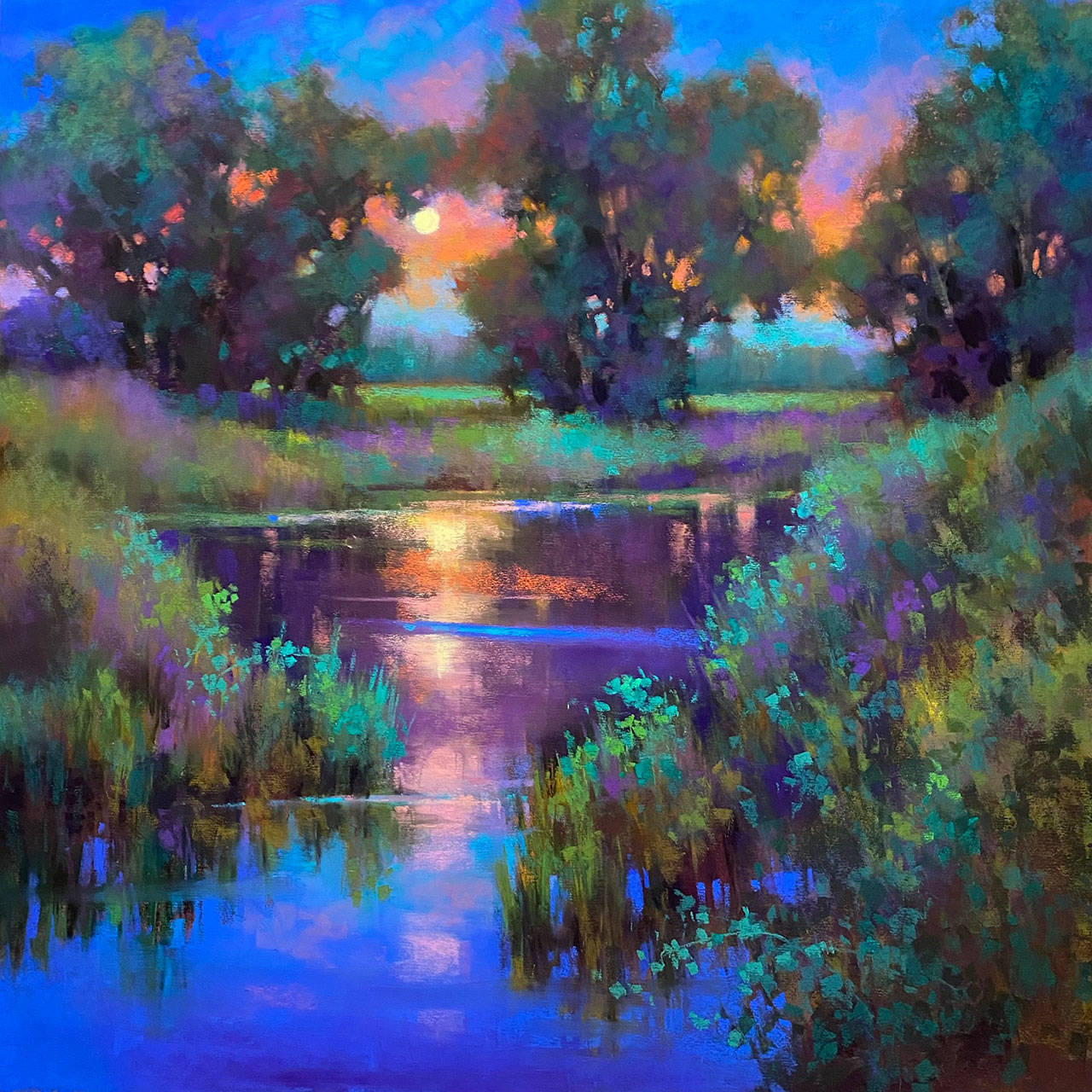 See Teresa Saia’s new paintings, including “Moonlight on the Wetlands” in pastels, at the Rob Schouten Gallery in Langley through Aug. 2.