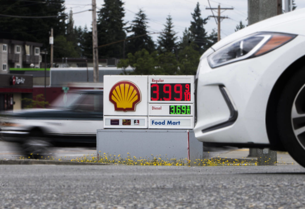 A gallon of regular gasoline hit $3.99 in Snohomish County on July 1, over $1 more per gallon compared to a year ago during the stay-at-home order. (Olivia Vanni / The Herald)
