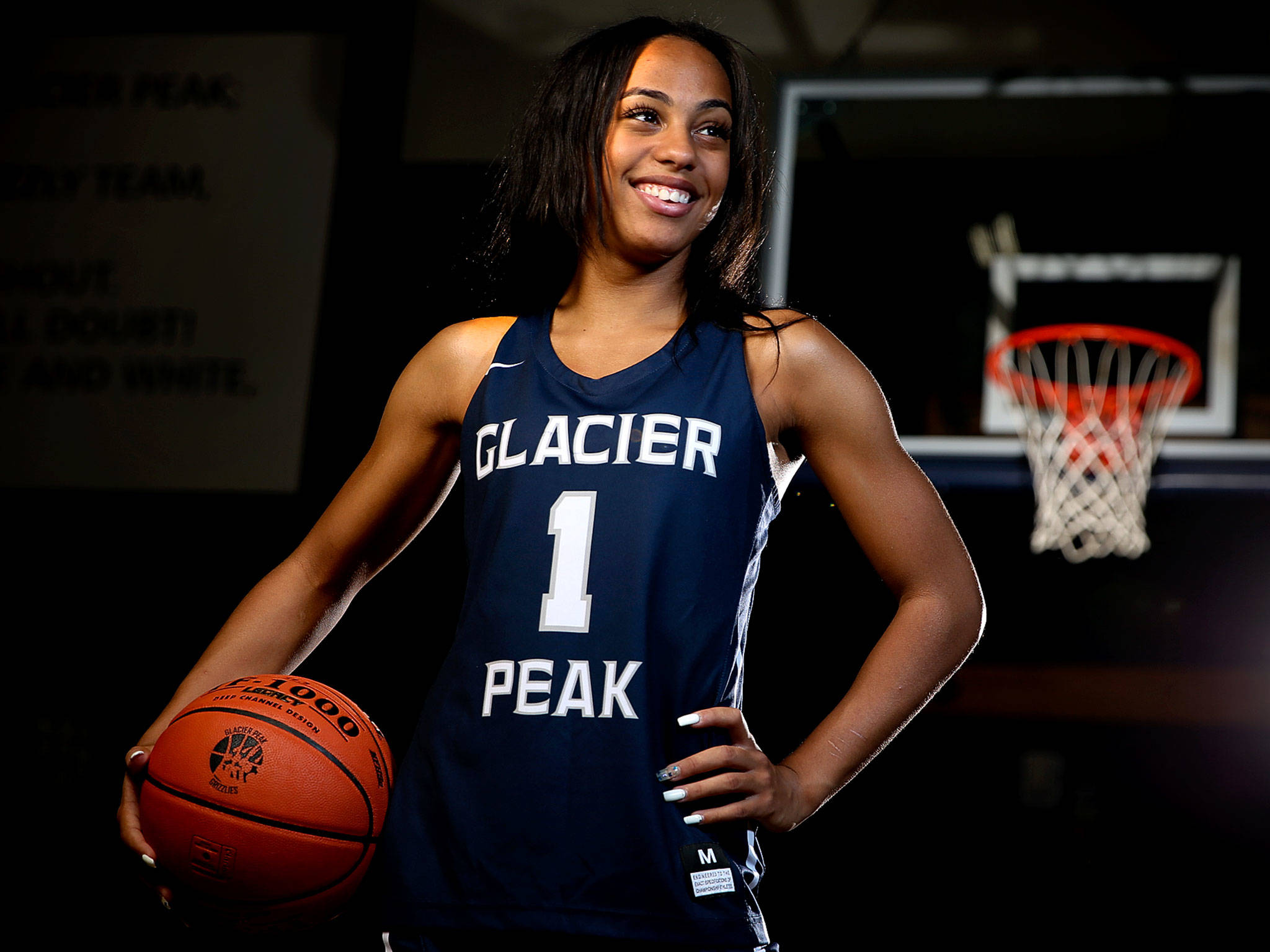 Glacier Peak senior Aaliyah Collins averaged 16 points, four assists, and three steals in the Grizzles’ undefeated 9-0 season. Collins will attend Chicago State University in the fall and is The Herald’s 2021 All-Area Girls Basketball Player of the Year. (Kevin Clark / The Herald)