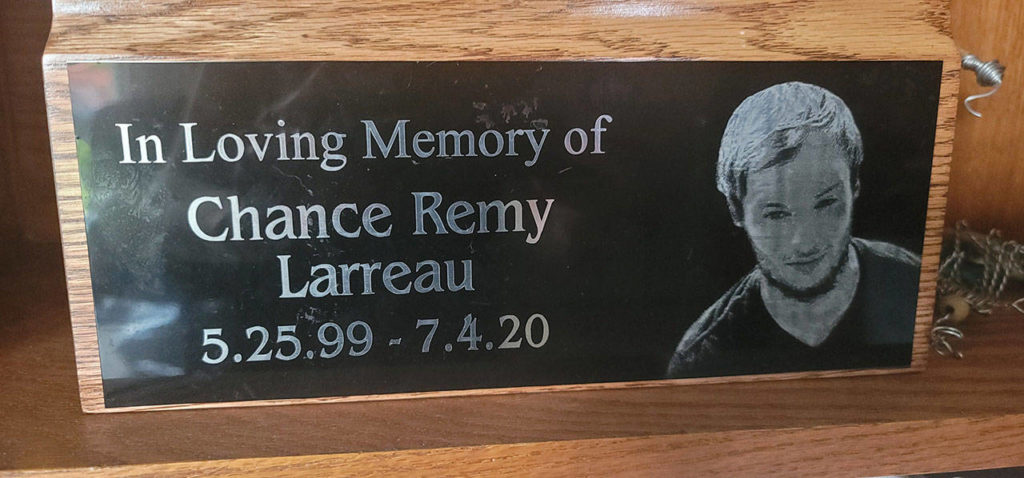 Chance Larreau’s sister, Gabrielle Larreau, designed the plaque on his urn. (Burlin/Larreau family)

