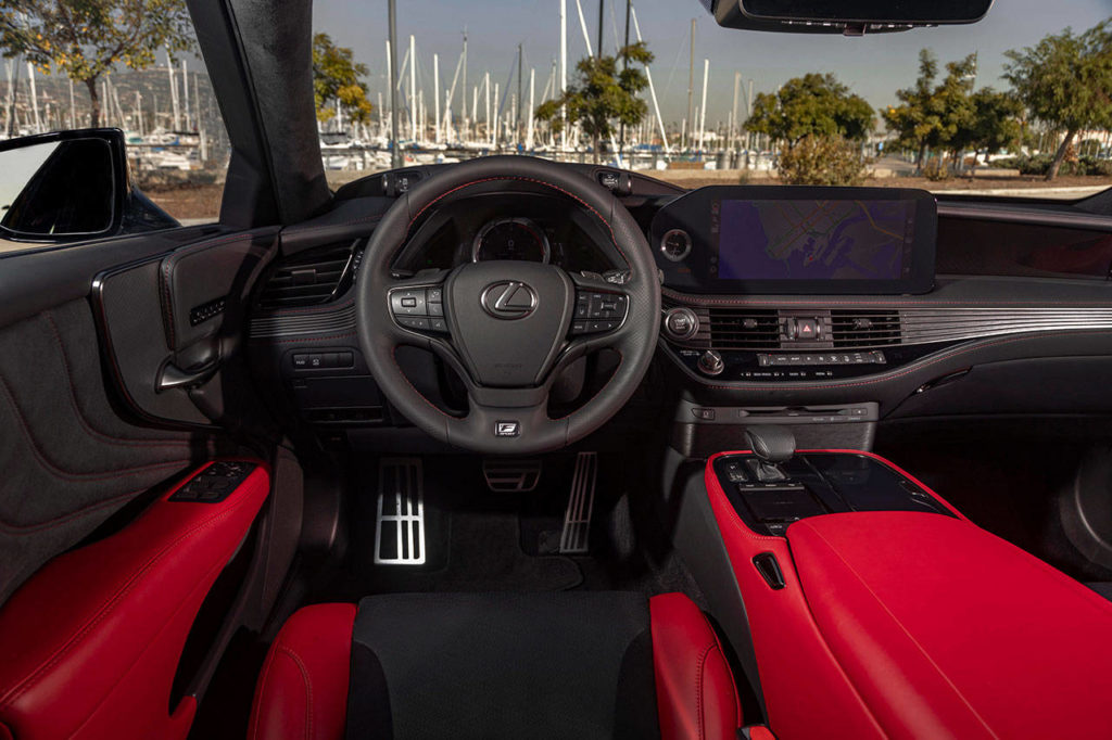 A new 12.3-inch touchscreen infotainment system is standard on all 2021 Lexus LS 500 models. The F Sport interior is shown here. (Manufacturer photo)
