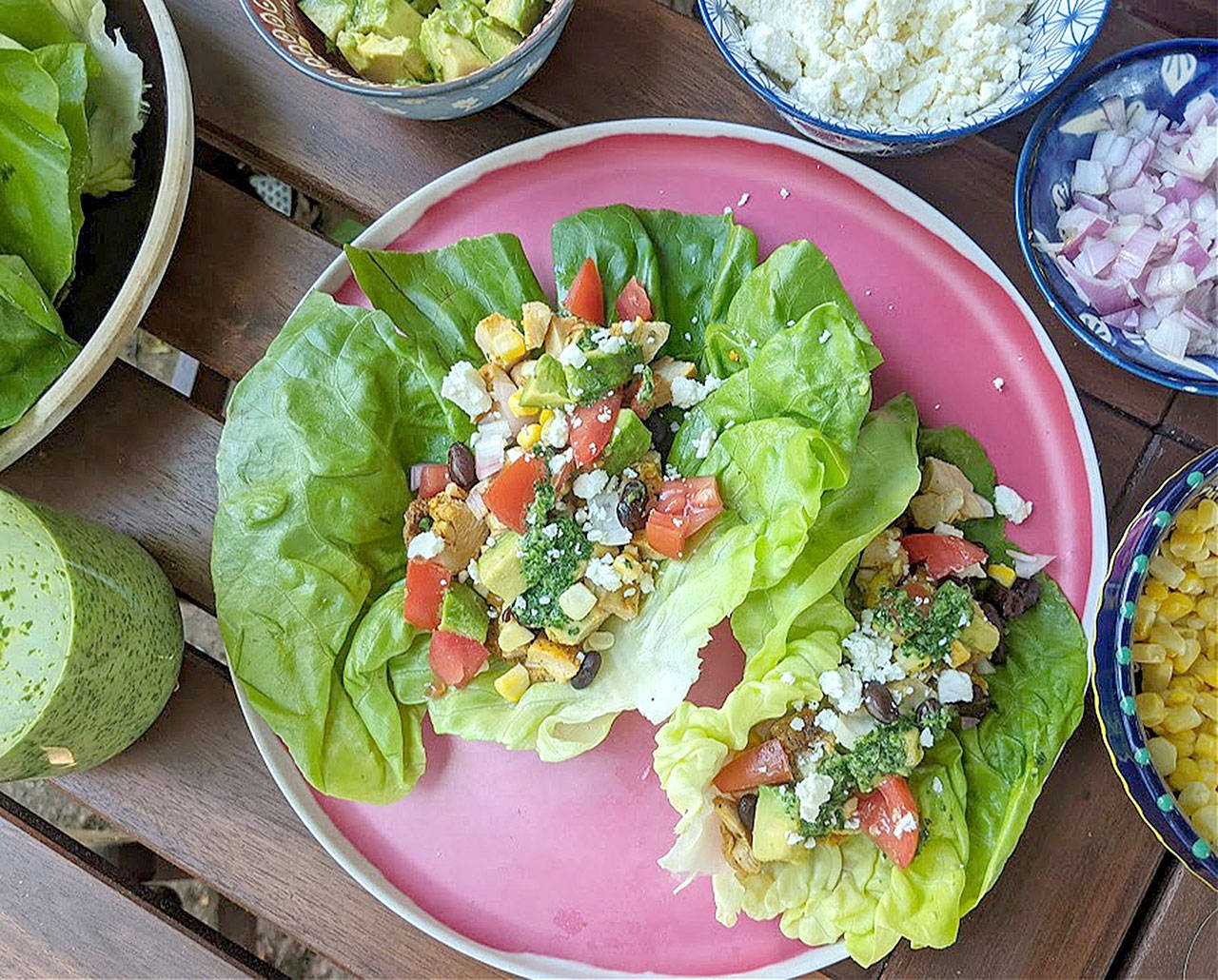 Chicken taco lettuce cups are a hand-held take on the popular Mexican 7-layer dip served at parties. (Gretchen McKay / Pittsburgh Post-Gazette)