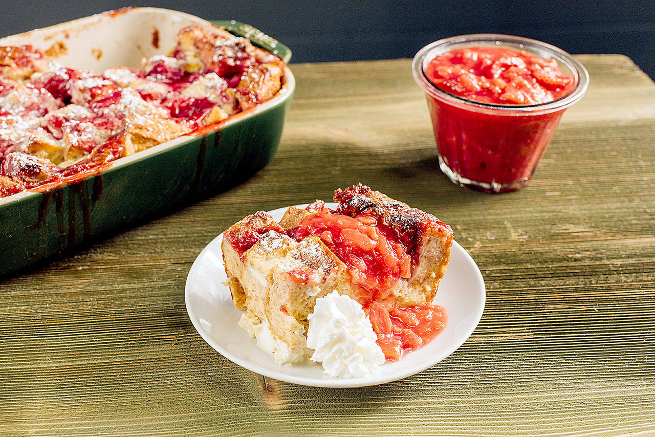 Strawberry rhubarb bread pudding takes an entire loaf of honey, whole wheat or sprouted 7-grain bread. (Eberly Film Labs / The Daily Meal)