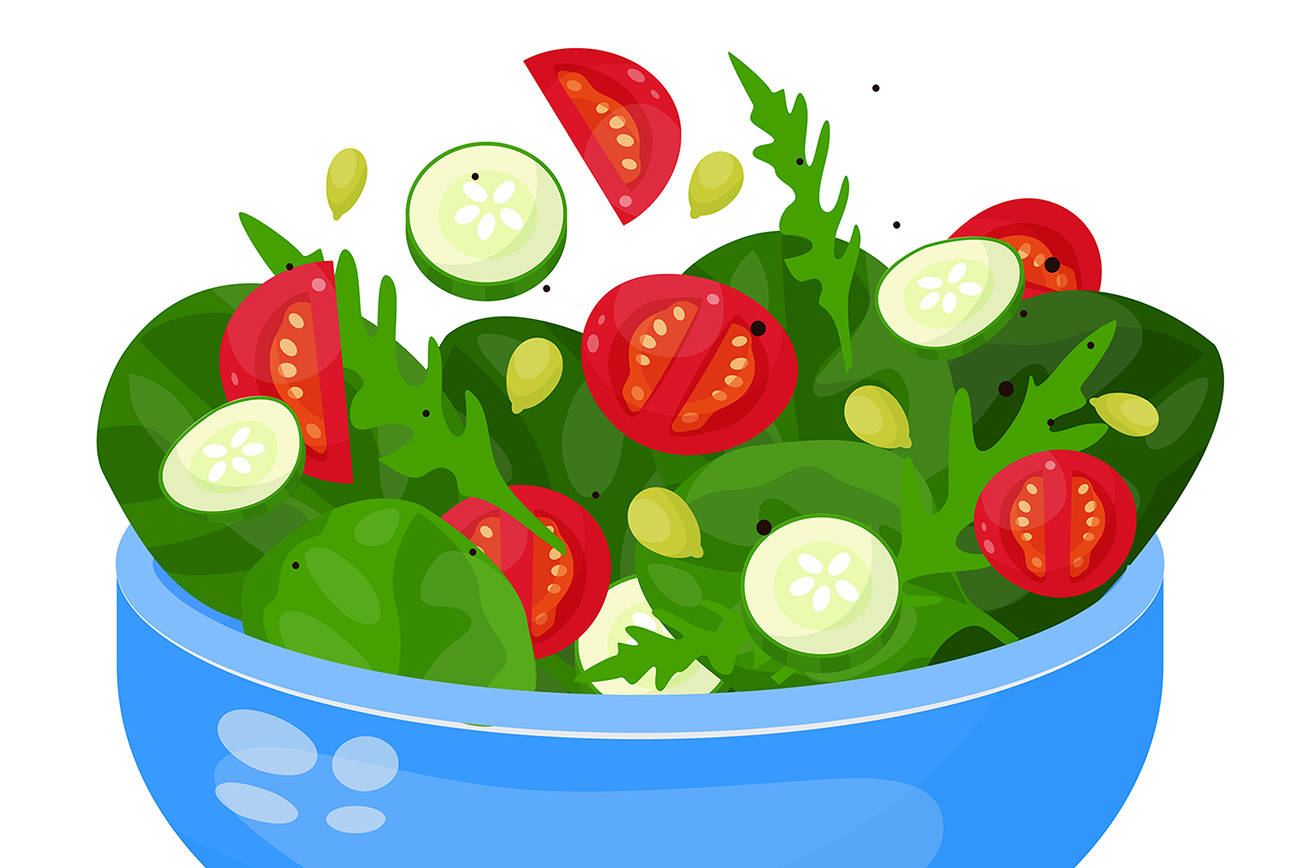 Bowl of vegetable salad, fresh vegetarian food. Healthy, tasty, mixed balanced meal. Vector flat style cartoon illustration isolated on white background