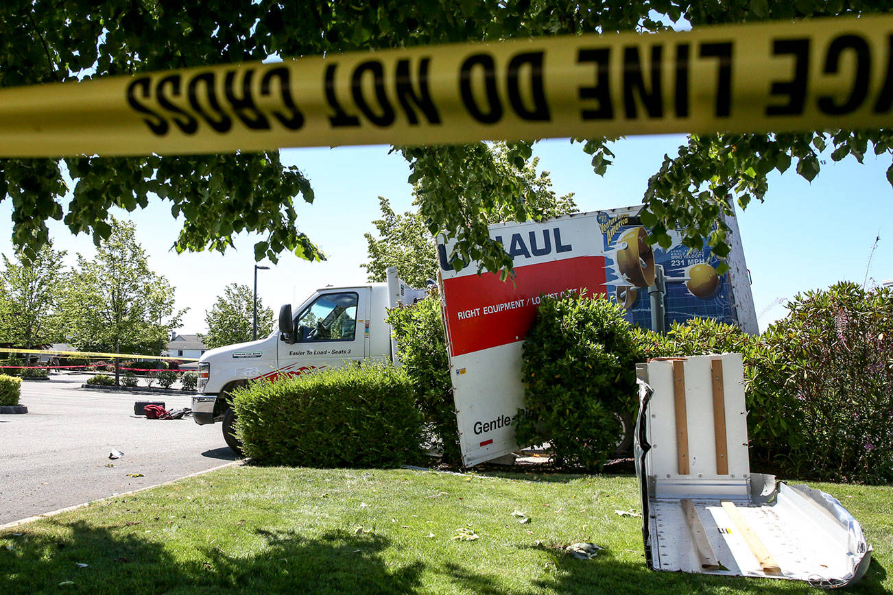A U-Haul truck exploded in the parking lot Tuesday afternoon of the Edmonds Center for the Arts  on July 6, 2021.  (Kevin Clark / The Herald)