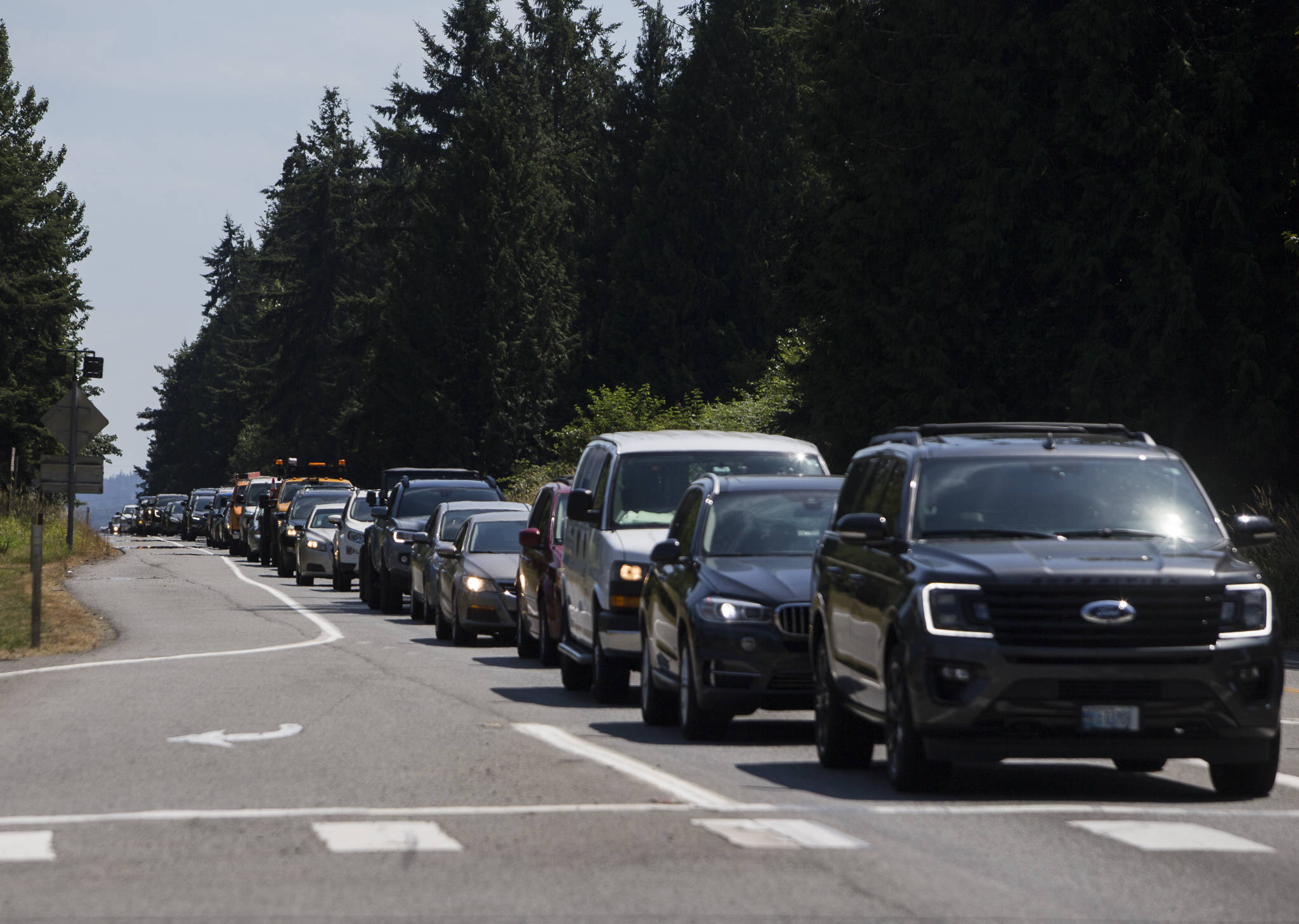 Drivers heading north on Highway 9 line up south of the light at 30th Street on Friday in Snohomish. Congestion prompted the Washington State Department of Transportation to make several changes. (Olivia Vanni / The Herald)