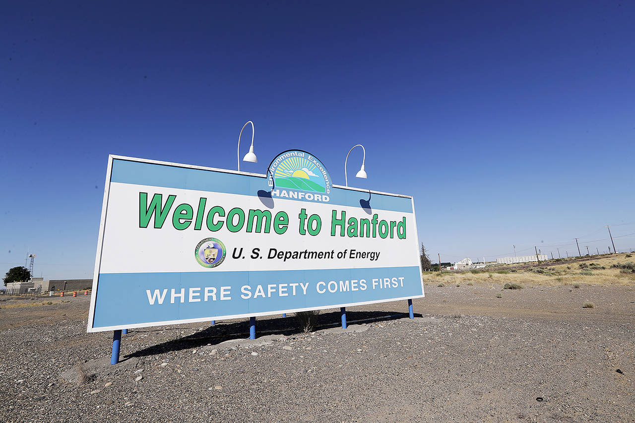 A sign near Richland welcomes all to the Hanford Nuclear Reservation. (AP Photo/Elaine Thompson, File)