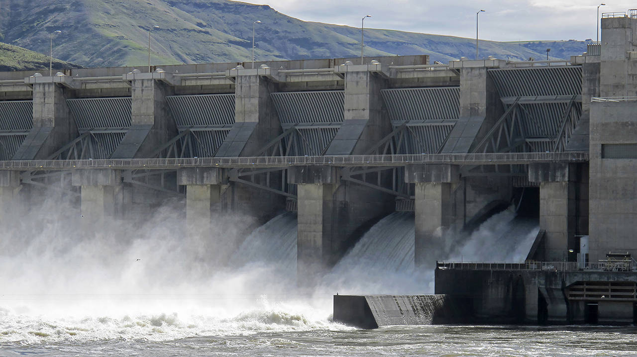 In this 2018 photo, water moves through a spillway of the Lower Granite Dam on the Snake River near Almota. (AP Photo/Nicholas K. Geranios, File)