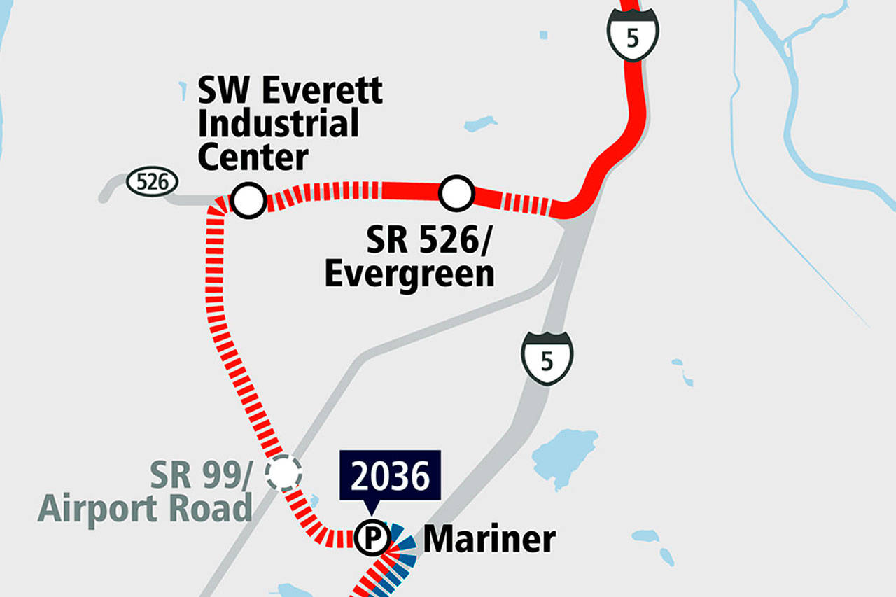 A map detail of Sound Transit’s proposed Link light rail route in Everett. The solid red line indicates ground level stretches; thes dashed red line shows elevated portions. (Courtesy of Sound Transit)