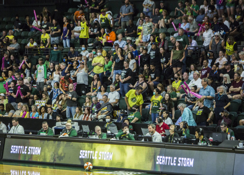 Fans cheer during the Seattle Storm game against the Phoenix Mercury on Sunday, July 11, 2021 in Everett, Wash. (Olivia Vanni / The Herald)
