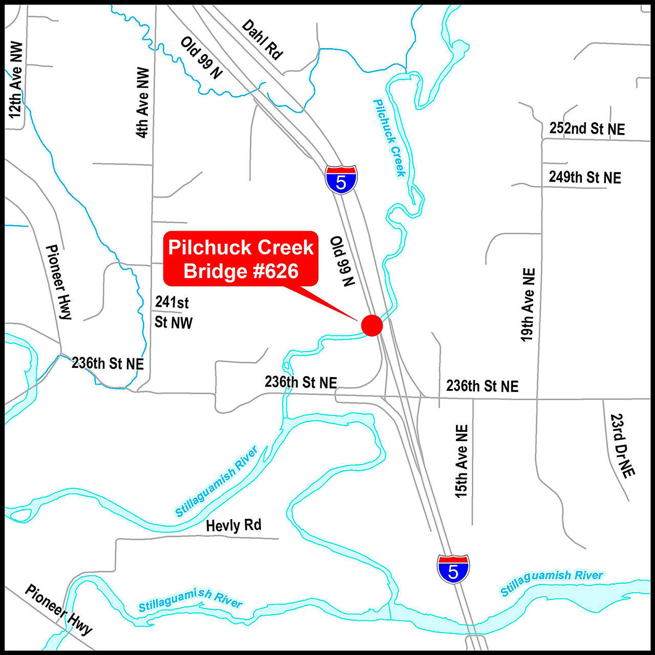 Snohomish County Public Works plans to change the Pilchuck Creek bridge to one lane this summer, and possibly for years to come, because of its age and weight capacity. (Snohomish County Public Works)