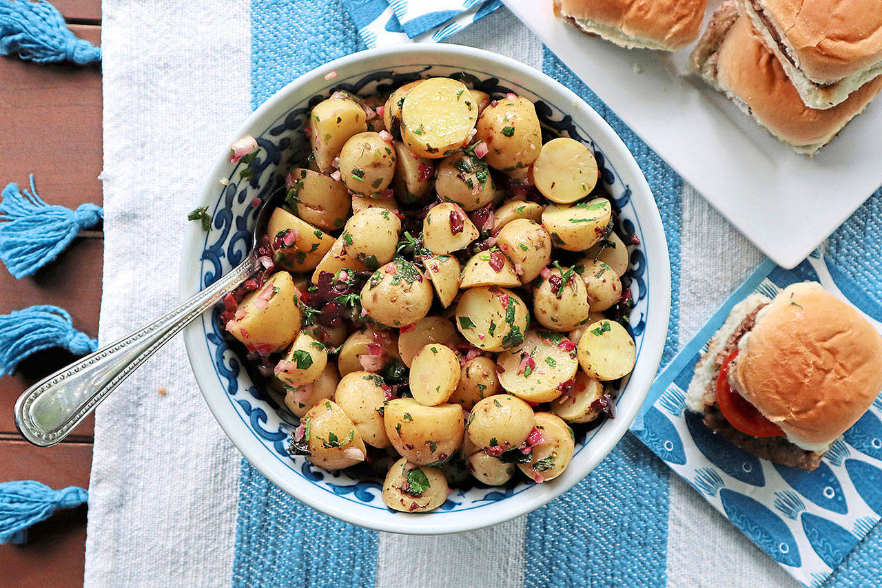 Cypriot-style potato salad made with olives, lemon, mint and olive oil offers a taste of the Mediterranean. (Gretchen McKay/Pittsburgh Post-Gazette)