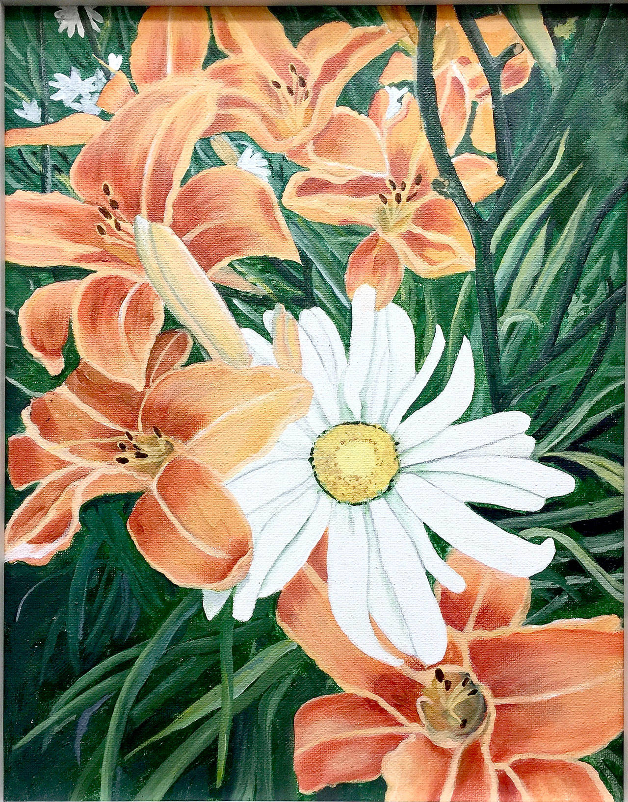 See Judith Burns’ acrylic paintings, including “Daisy,” through Aug. 2 at ArtWorks Gallery in Langley.