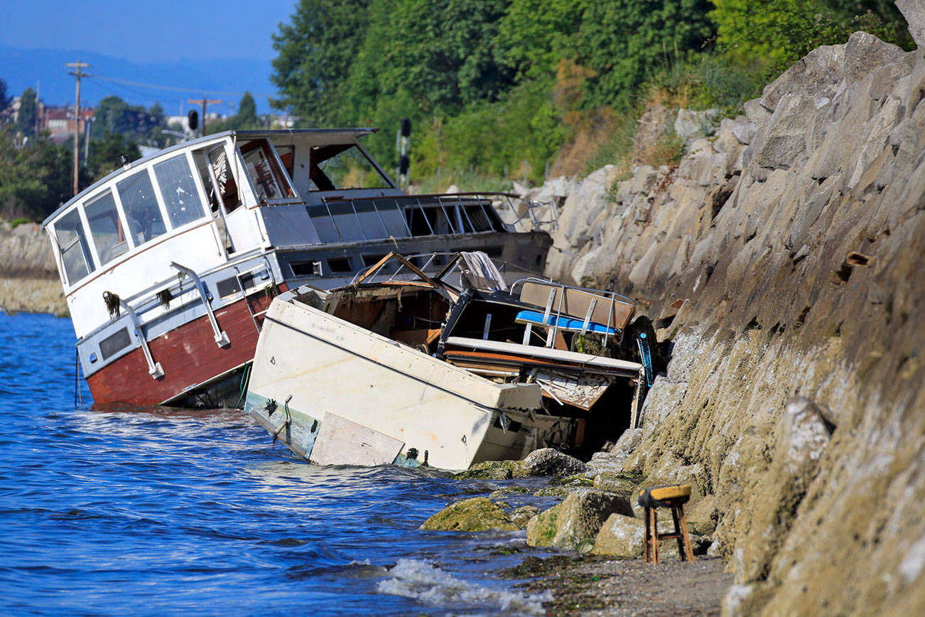 Two boats abandoned bob in the waters Howarth Park in in Everett on July 14, 2021. They have been inspected by Department of Ecology teams to check for oil spills and await removal. (Kevin Clark / The Herald)