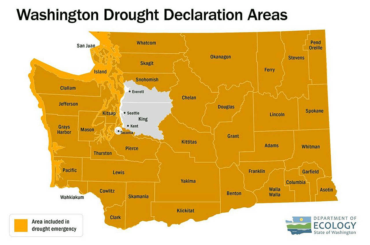 Areas of the declared drought emergency are in orange. (Washington Department of Ecology)