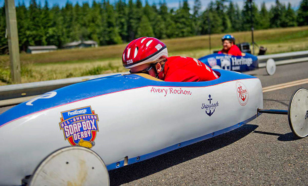 “Stay low, go straight,” says Avery Rochon of her soap box racing technique. (Evan Caldwell)
