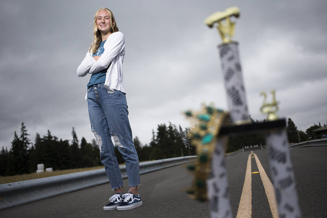 Avery Rochon,16, won the Queen of the Hill and 1st place in Super Stock at the Camano Island Soap Box Derby in June. She will be racing on Monday at Derby Downs in Ohio at the All-American World Championship Soap Box Derby. Photographed at Arrowhead Ranch on Thursday, July 15, 2021 in Camano Island, Washington. Camden Tatarian, 7, also qualified for the the Championship in Akron, Ohio.  (Andy Bronson / The Herald)