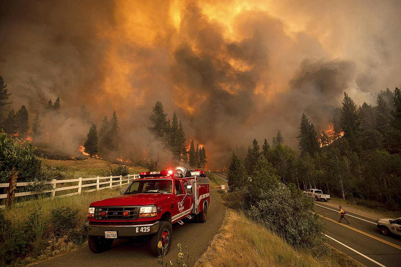 Firefighters battle the Tamarack Fire in the Markleeville community of Alpine County, California on Saturday. (AP Photo/Noah Berger)