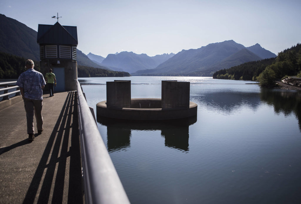 The Culmback Dam and spillway on the Spada Lake reservoir on Friday in Sultan. (Olivia Vanni / The Herald)
