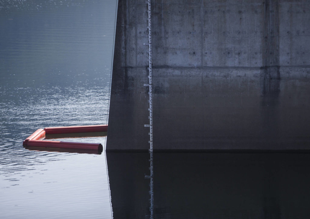 A water level marker is visible Friday on the intake tower at the Culmback Dam on Spada Lake in Sultan. (Olivia Vanni / The Herald)
