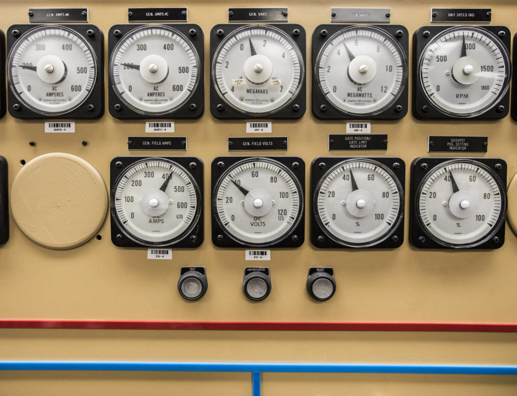 Megawatt meters inside the control center at Henry M. Jackson Hydroelectric Project in Sultan. (Olivia Vanni / The Herald)
