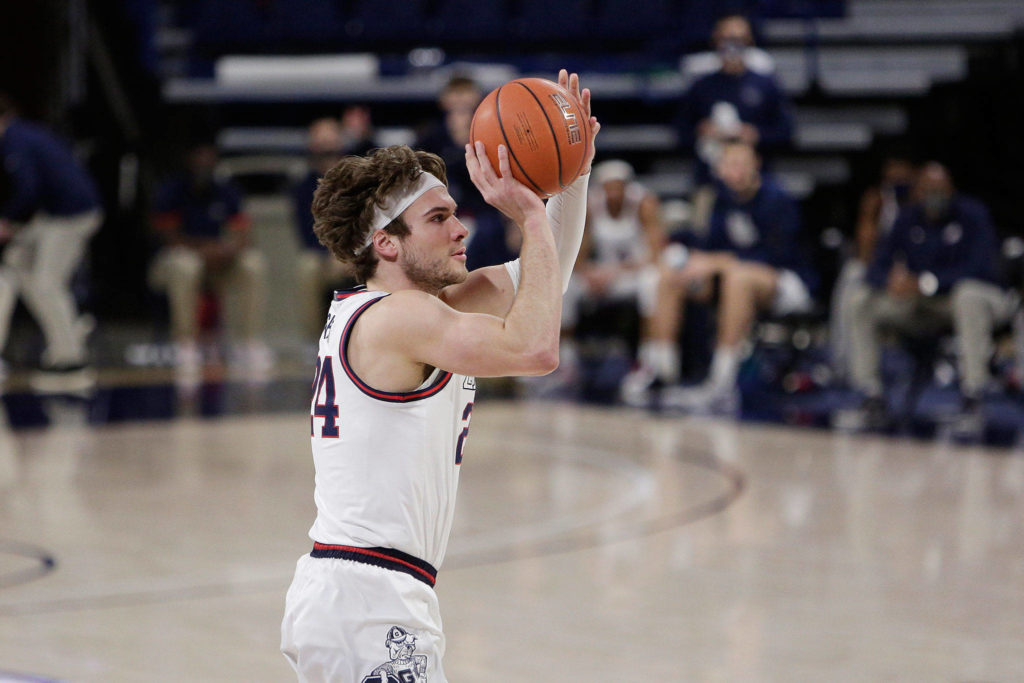 Gonzaga forward Corey Kispert shoots during the first half of a game against Loyola Marymount on Feb. 27, 2021, in Spokane. (AP Photo/Young Kwak)
