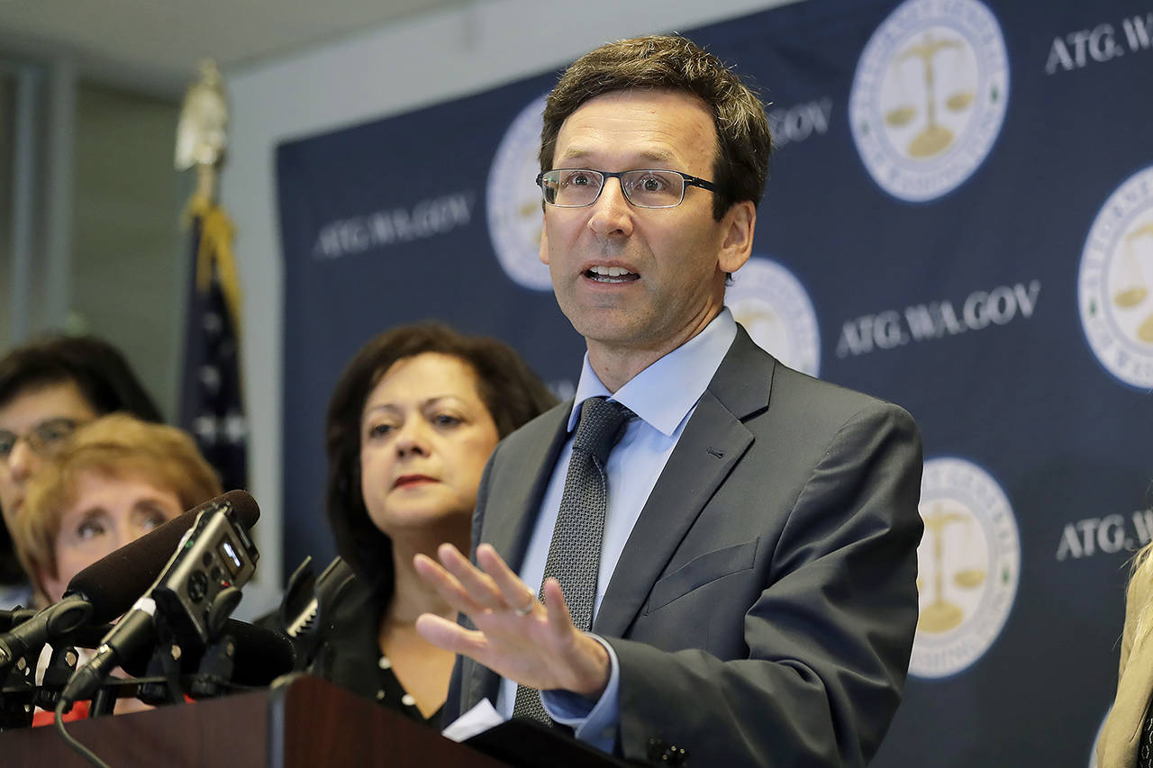 In this 2019 photo, Washington Attorney General Bob Ferguson speaks at a news conference in Seattle. (AP Photo/Ted S. Warren, File)