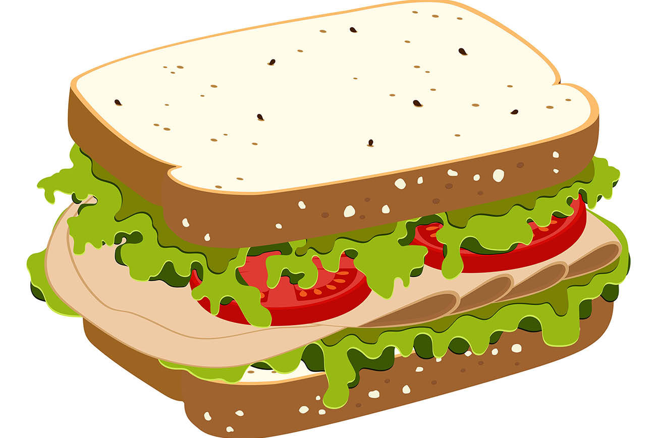 sandwich with ham, tomatoes, lettuce and toast isolated on white background, healthy breakfast, lunch