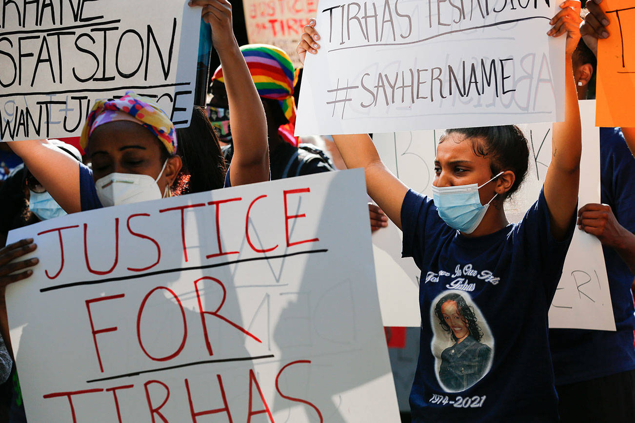 Family, friends and supporters gather in the quest for answers in the death of Tirhas Tesfatsion on July 13 during a protest rally Monday afternoon at the Lynnwood City Hall on July 26, 2021. (Kevin Clark / The Herald)