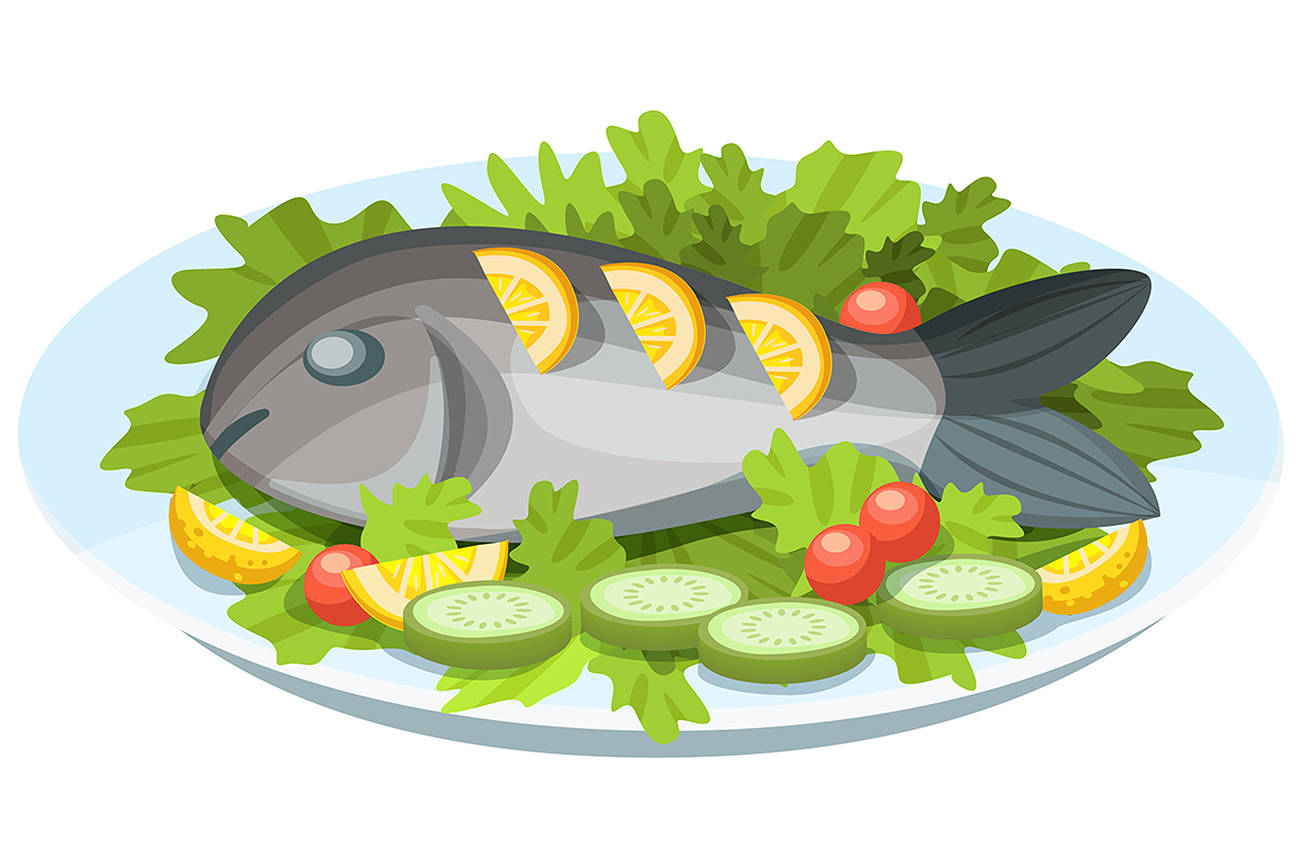 Festive seafood specialties, modern delicacies with a beautiful presentation on the plate. Delicious dish - tender fish meat, with greens, lemon and vegetables. Cartoon vector.