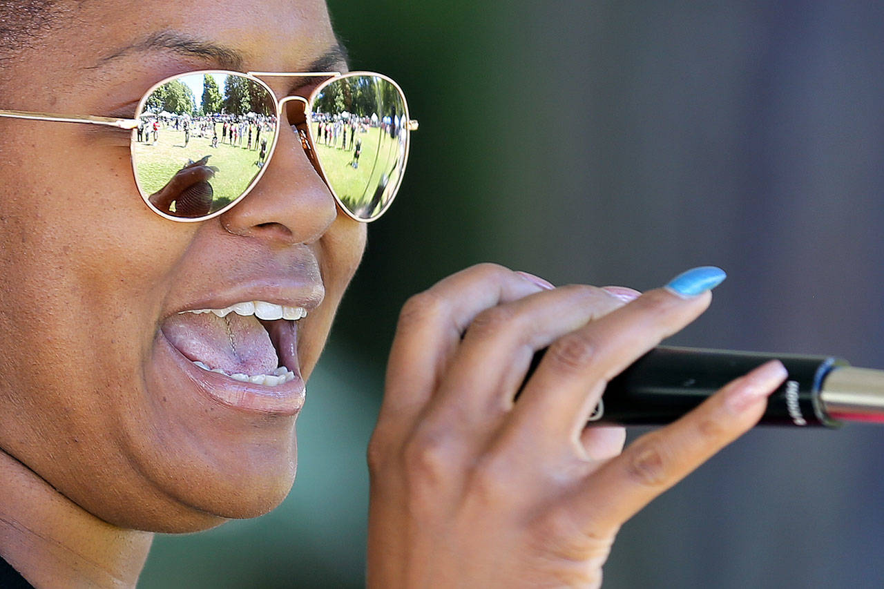 Anisa Stoot sings during the 25th Annual Nubian Jam at Forest Park Saturday afternoon in Everett on July 29, 2017. (Kevin Clark / The Herald)