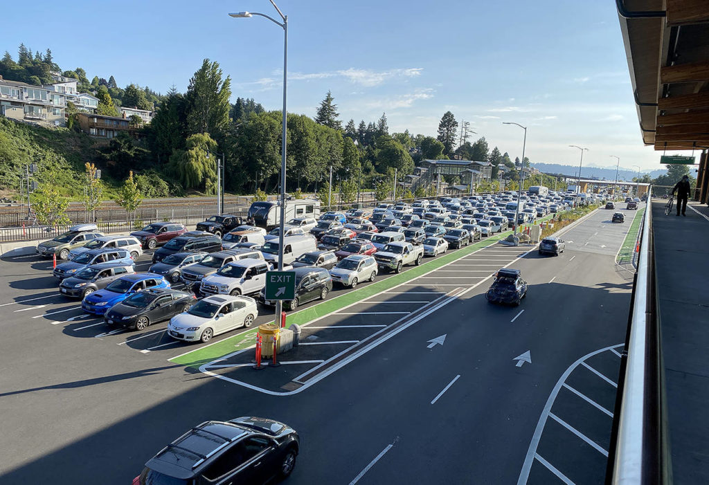 With the Mukilteo Ferry Terminal’s narrow, tightly packed loading lanes (seen here Wednesday afternoon), finding a space to safely unload wheelchair-bound passengers who need to use the restroom located far away has become a challenge. (Sue Misao / The Herald)
