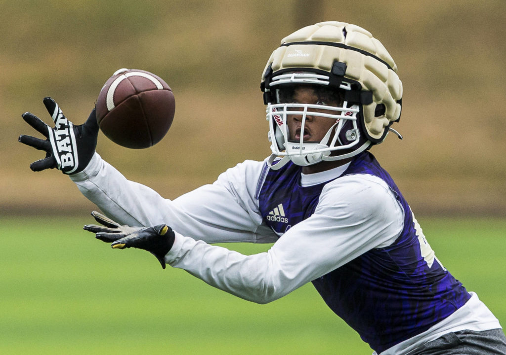 Lake Stevens’ Trayce Hanks makes a catch for a touchdown during the Cougars Championship Passing Tournament at Lakewood High School on July 31 in Arlington. (Olivia Vanni / The Herald)