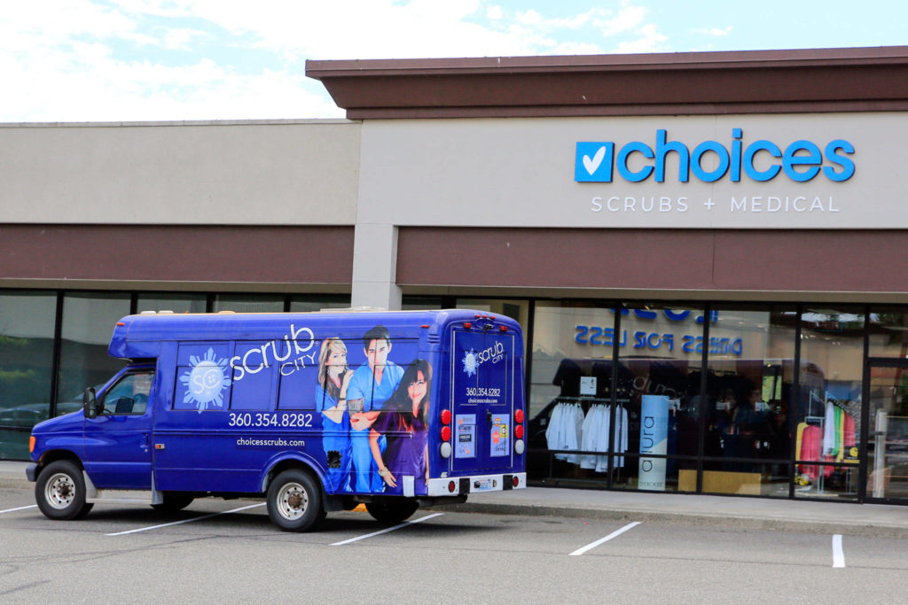Choices Scrubs + Medical in Everett sells medical supplies and scrubs to health care workers and others. (Kevin Clark / The Herald)
