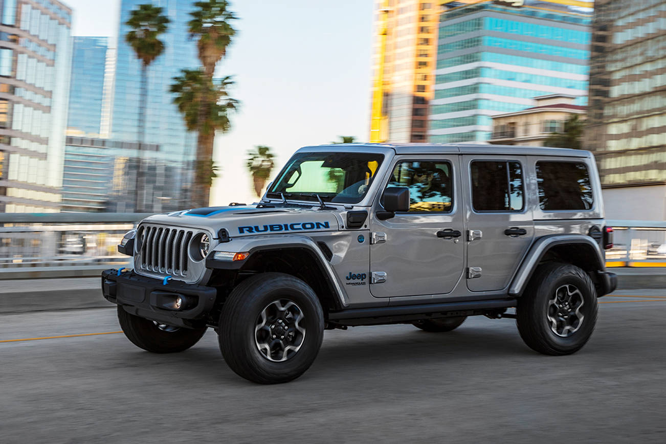 The 2021 Jeep Wrangler 4xe plug-in hybrid is available in Sahara, Rubicon, and High Altitude trim levels of the Unlimited (four-door) model. (Manufacturer photo)