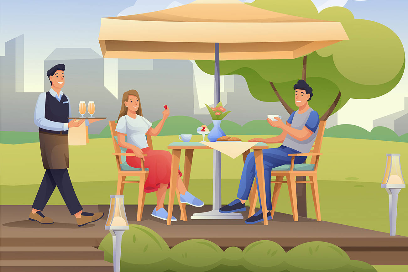 Couple sitting in summer cafe outdoor scene. Restaurant outside with table under umbrella vector illustration. Young man and woman eating and drinking, waiter coming with drinks.