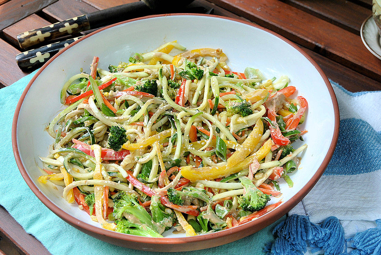 A zucchini noodle salad with an East Asian-inspired tahini-ginger dressing is an easy, low-carb summer dish. (Gretchen McKay / Pittsburgh Post-Gazette)