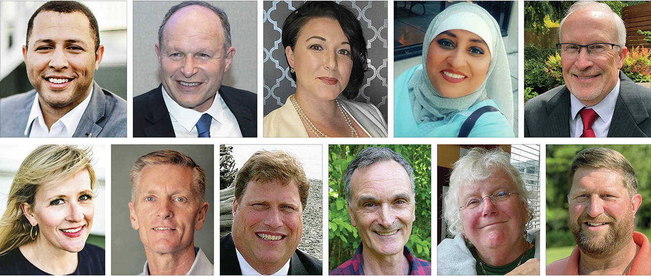 Mukilteo City Council candidates. Top, from left: Louis Harris, Peter Zieve, Tina Over, Ayesha Khan and Kevin Stoltz. Bottom: Caitlein Ryan, Tom Jordal, Steve Schmalz, Tim Ellis, Carolyn “Dode” Carlson and Alex Crocco.
