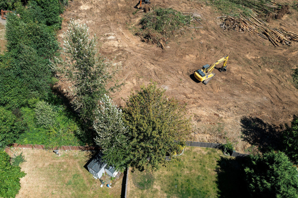 Backyards in the 2100 block of 93rd Drive SE in Lake Stevens used to abut a forest. The property has been clearcut to make way for a Costco store. (Chuck Taylor / The Herald)
