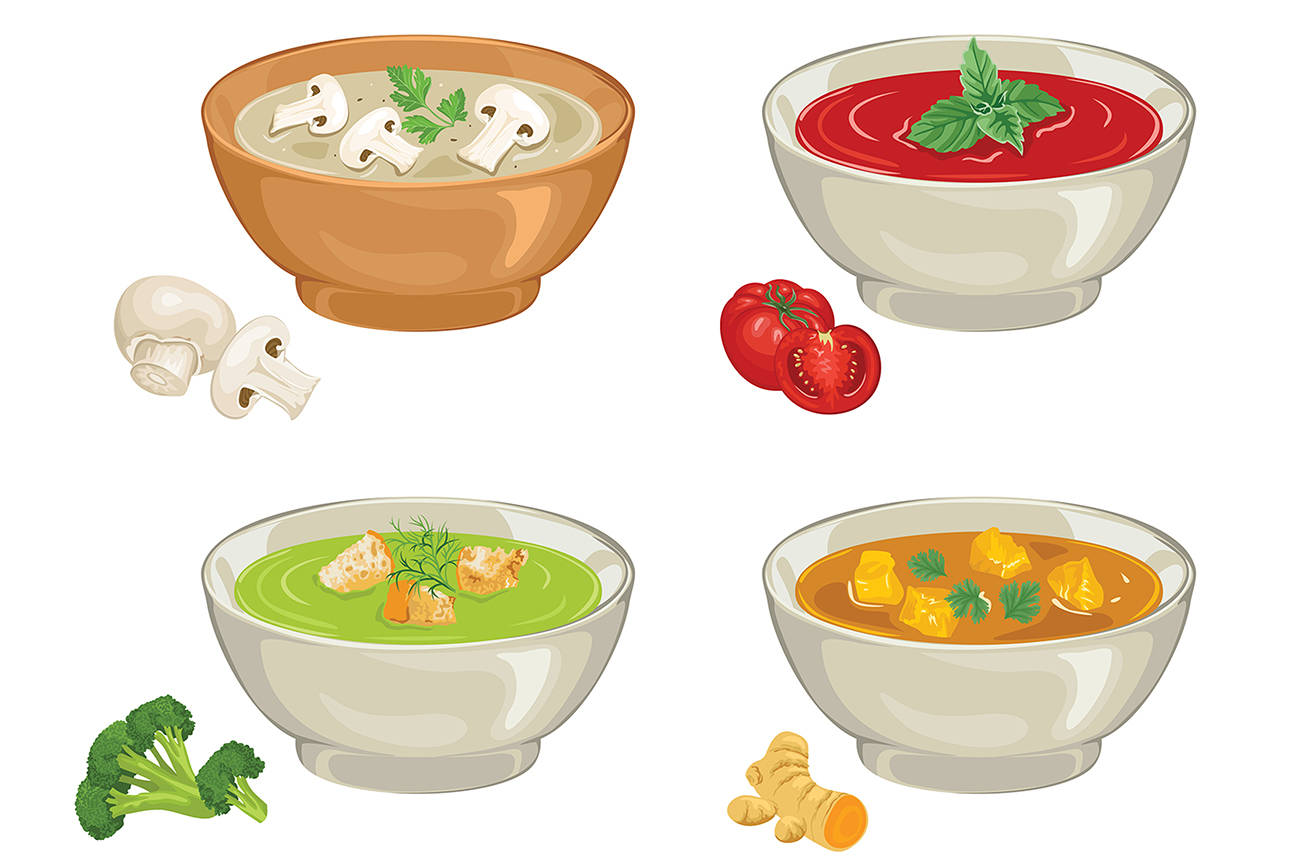 Set of soups for bowls. Gazpacho, curry, broccoli, mushroom cream soup isolated on a white background. Vector illustration of plates of food in cartoon simple flat style.