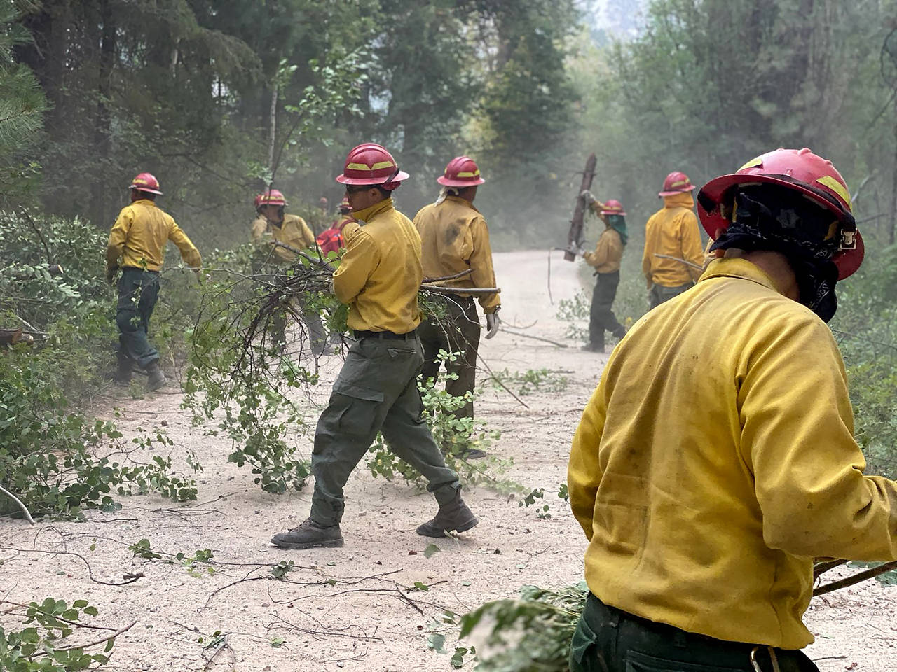 A North Pacific hand crew brushes out a road July 20 near the Cedar Creek Fire in Winthrop. (Okanogan-Wenatchee National Forest)