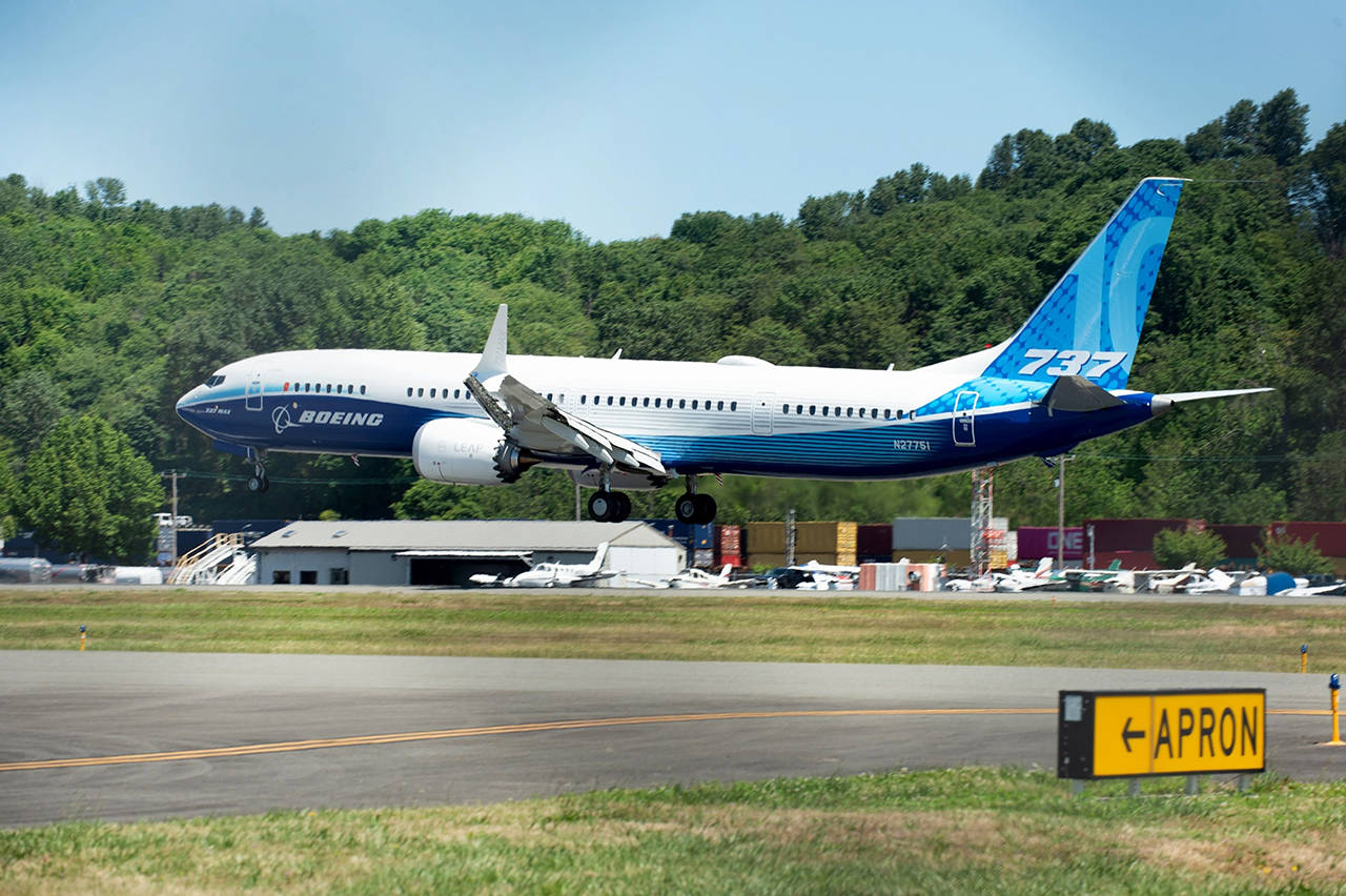 The Boeing 737 Max 10 airplane landing at Boeing Field in Seattle on June 18. (Chona Kasinger / Bloomberg)